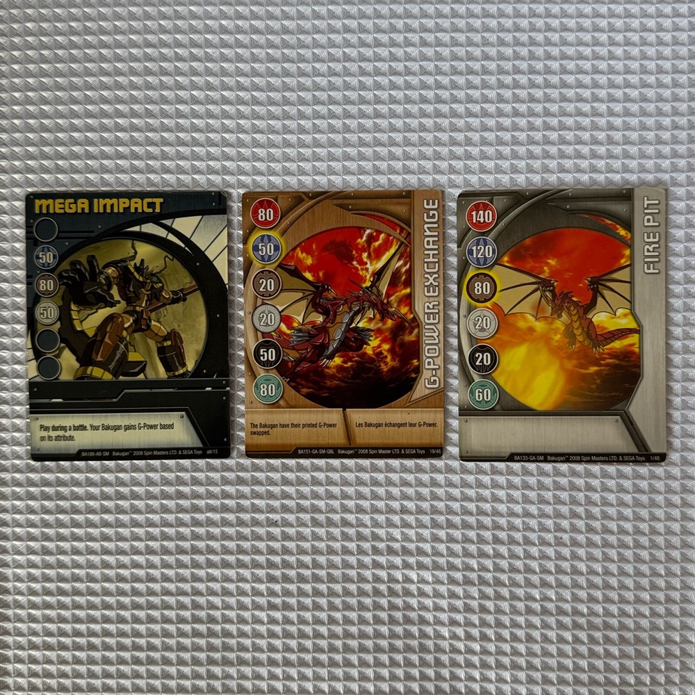 3 Game Bakugan Cards 1 Ability: MEGA IMPACT 2 Gate: G-Power Exchange, Fire Pit